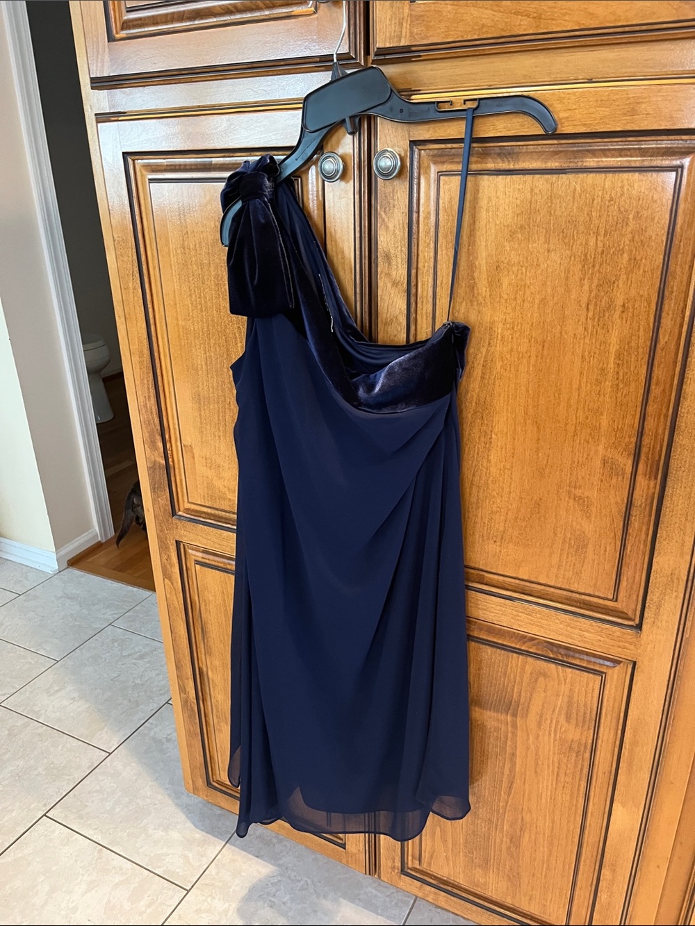 Ralph Lauren One-Shoulder Navy Chiffon Dress with Velvet Bow